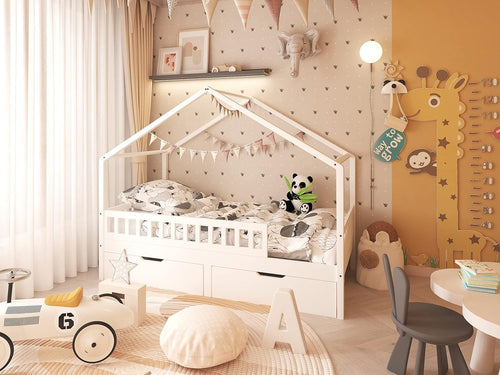 Solid Pine Kids House Bed with Guardrail & Storage Drawers, White, Single