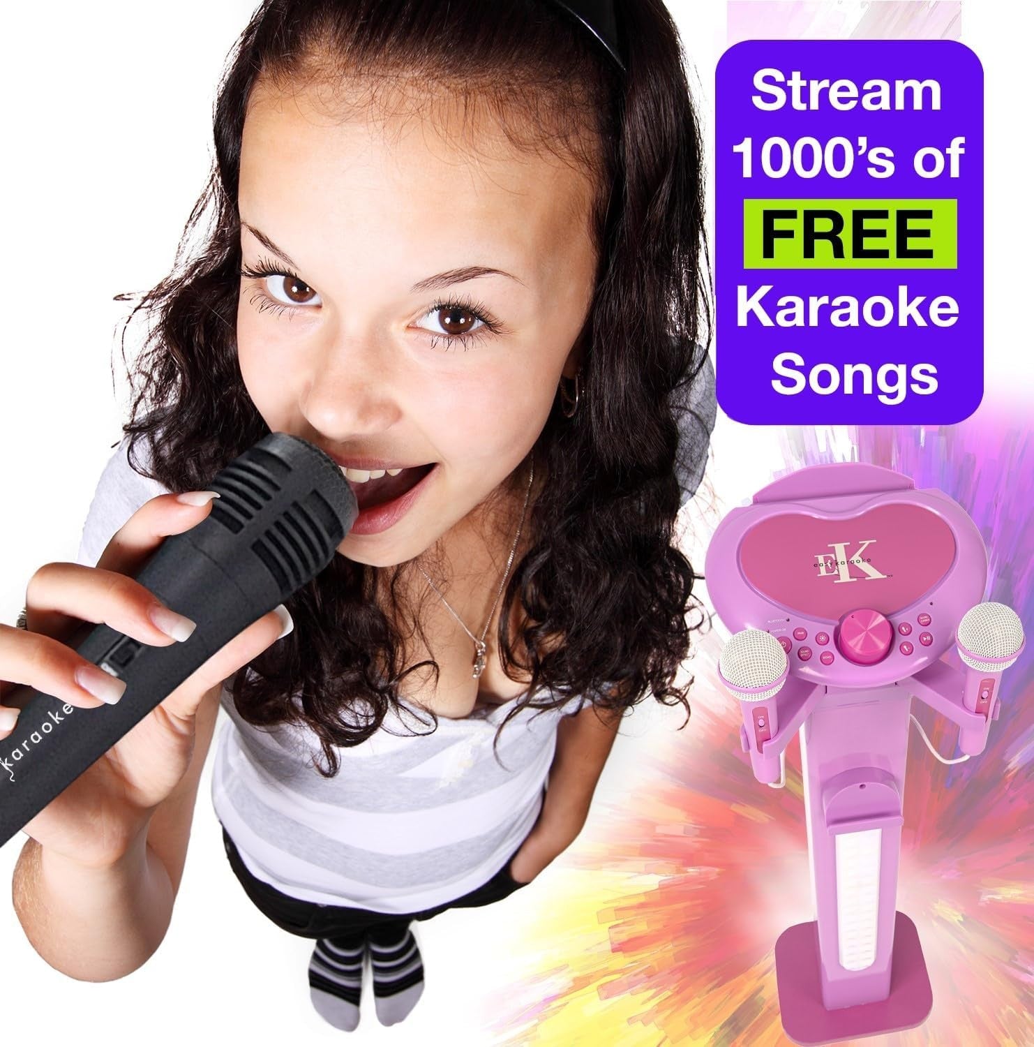 Pink Kids Karaoke Machine with Stand 2 Bluetooth Mics Record