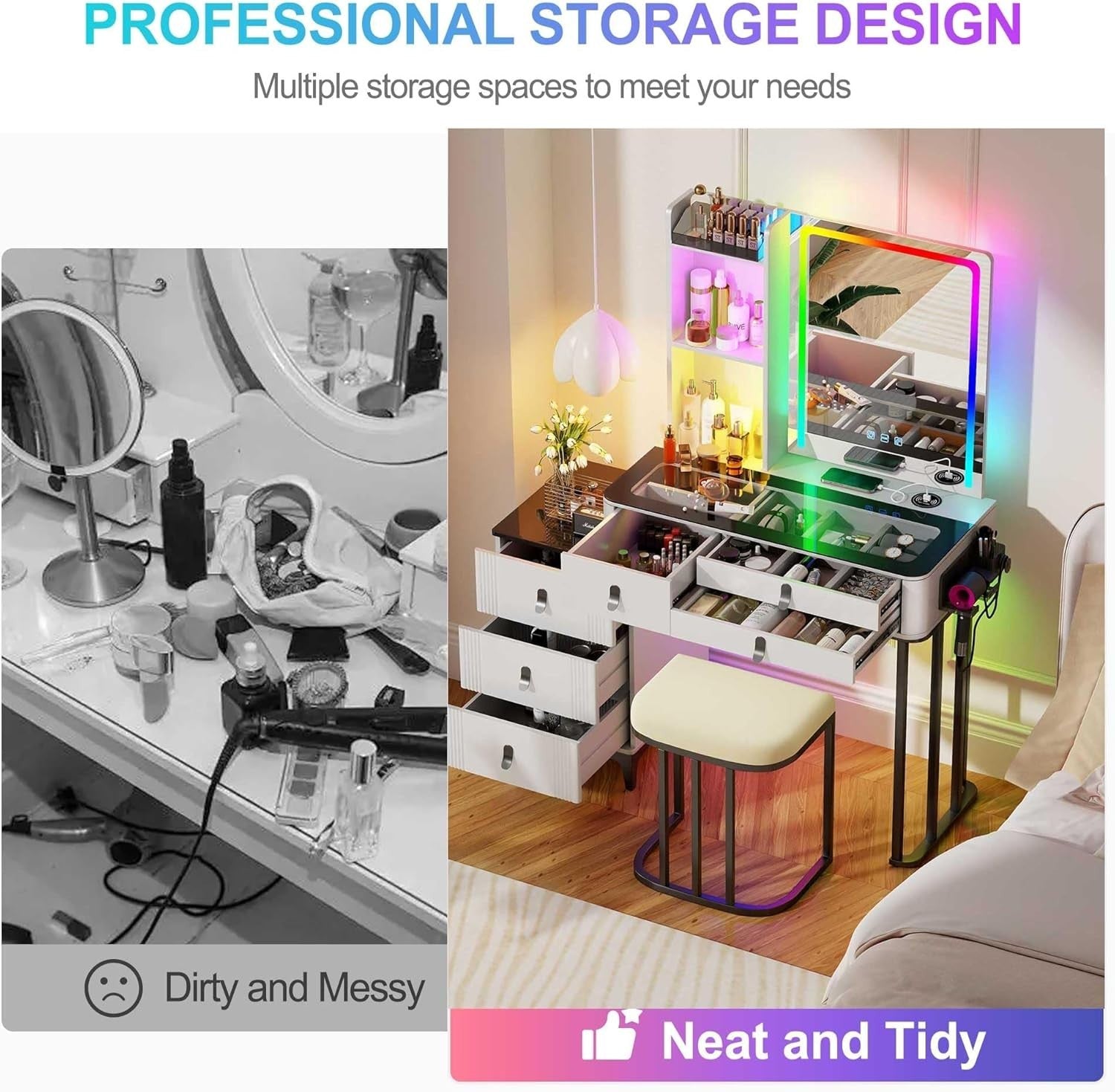 White Vanity Dressing Table LED Mirror Glass Top 5 Drawers Charging Station & St