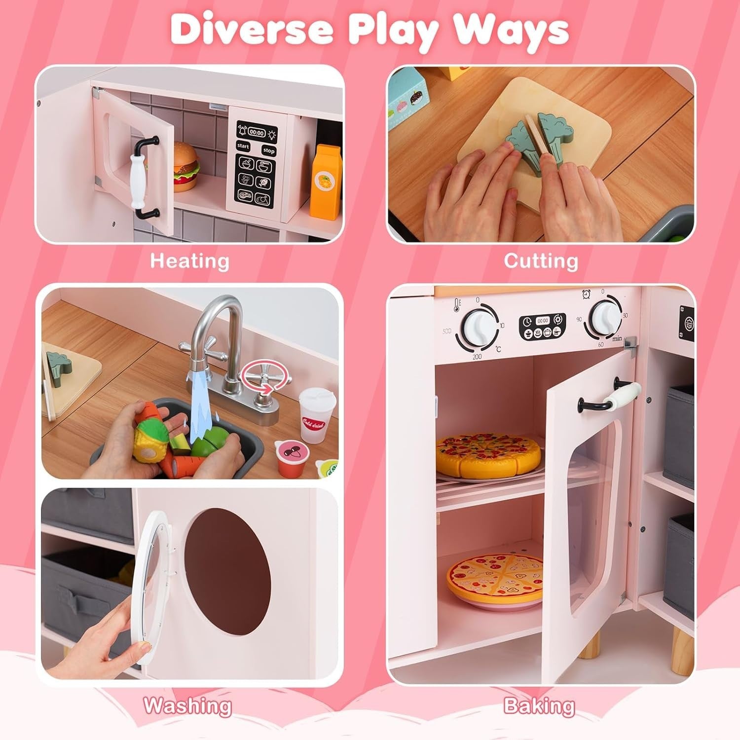Corner Kids Play Kitchen Pink w/ Fridge Washer Coffee Maker Set