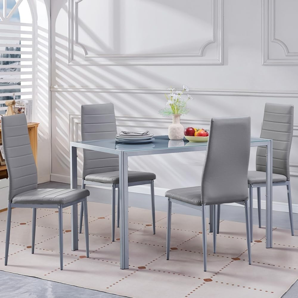 Grey Glass Dining Table and 4 Faux Leather Chairs Set 120x70x75cm