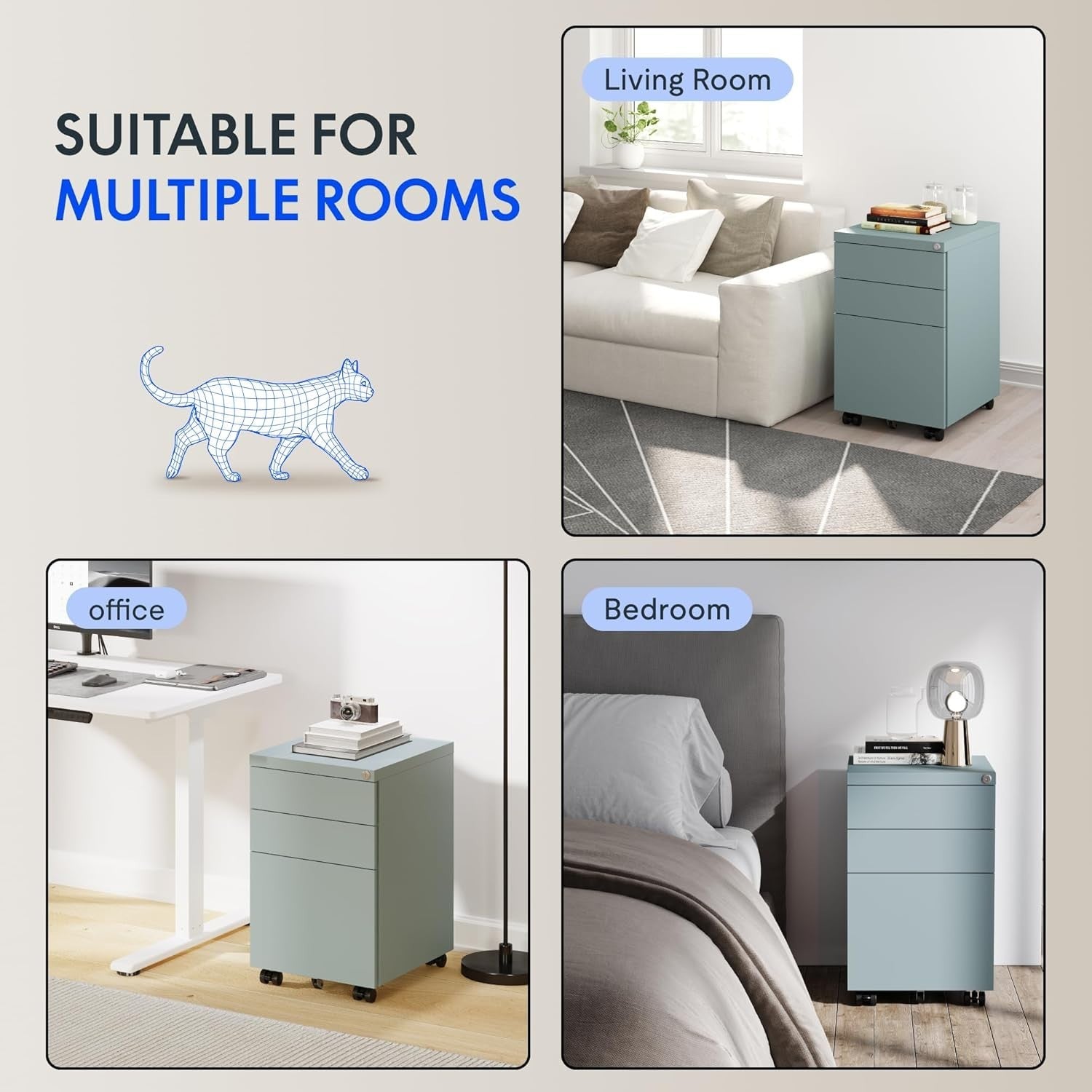 Grey Blue Mobile Filing Cabinet 3 Drawer Lockable Under Desk