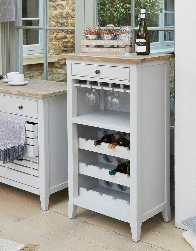 Solid Wood Wine Rack Cabinet with Glass Storage Drawer Distressed Grey Top