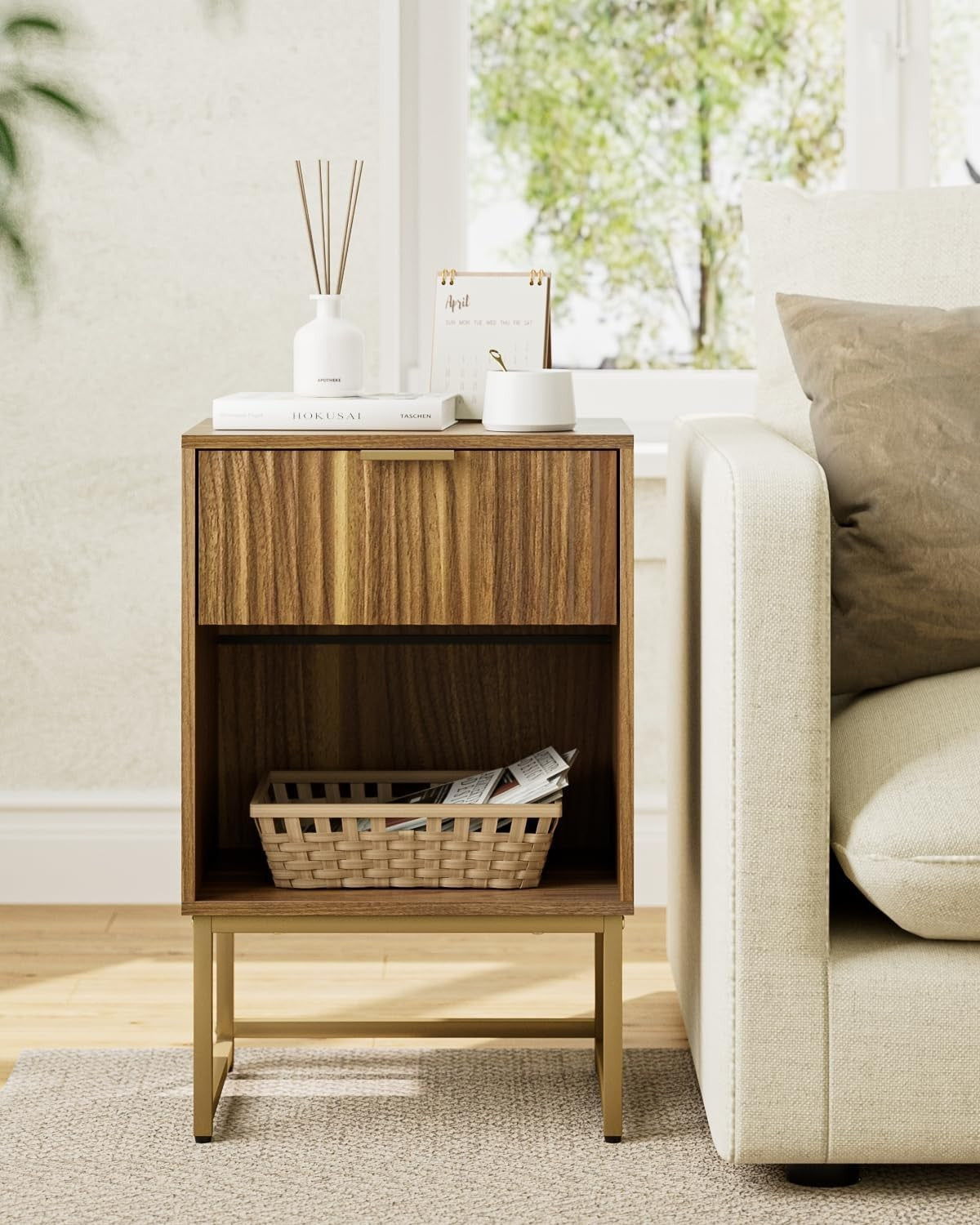 Walnut Bedside Table with Drawer & Shelf – Modern Fluted Wood