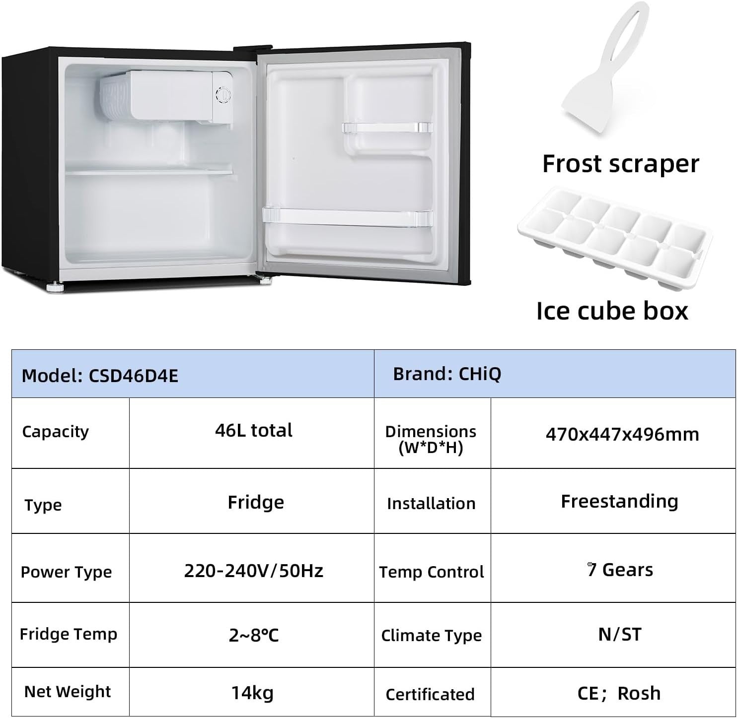 46L Mini Fridge Tabletop Drinks Cooler Adjustable Shelves Low Noise