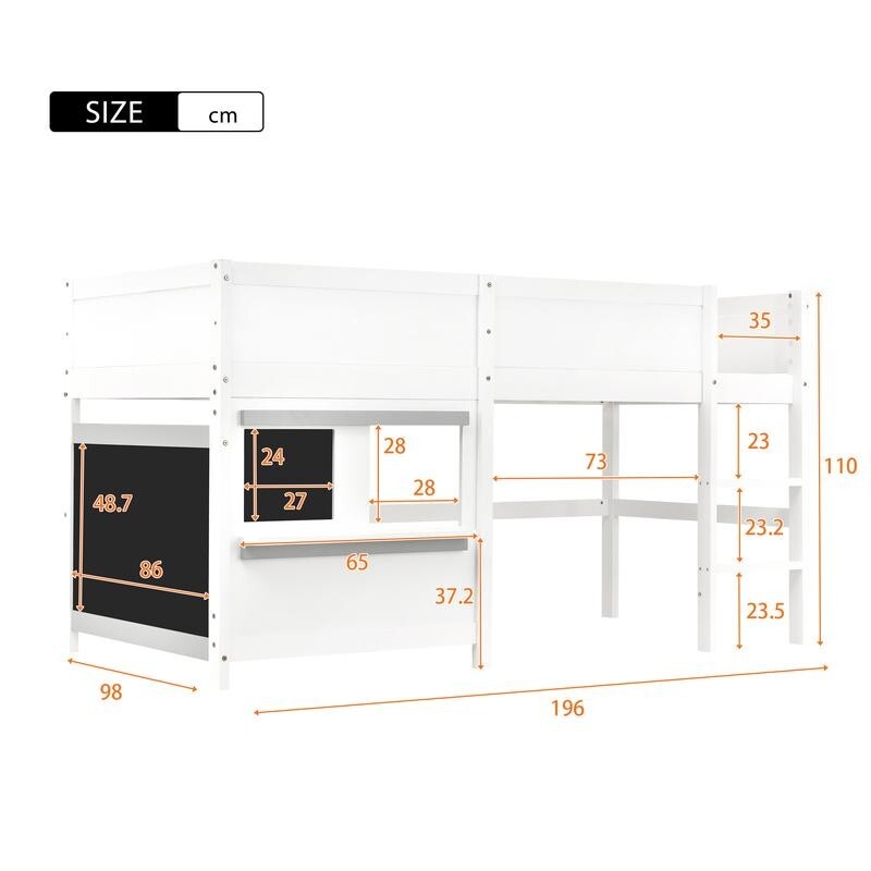 Kids Mid Sleeper Bunk Bed White 3FT with Blackboard Shelf Ladder Safety Rail