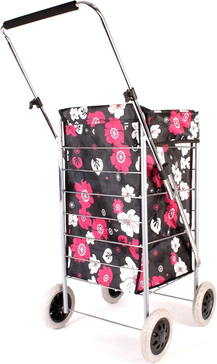 4 Wheel Shopping Trolley Adjustable Handle Floral Print 63L Bag Black
