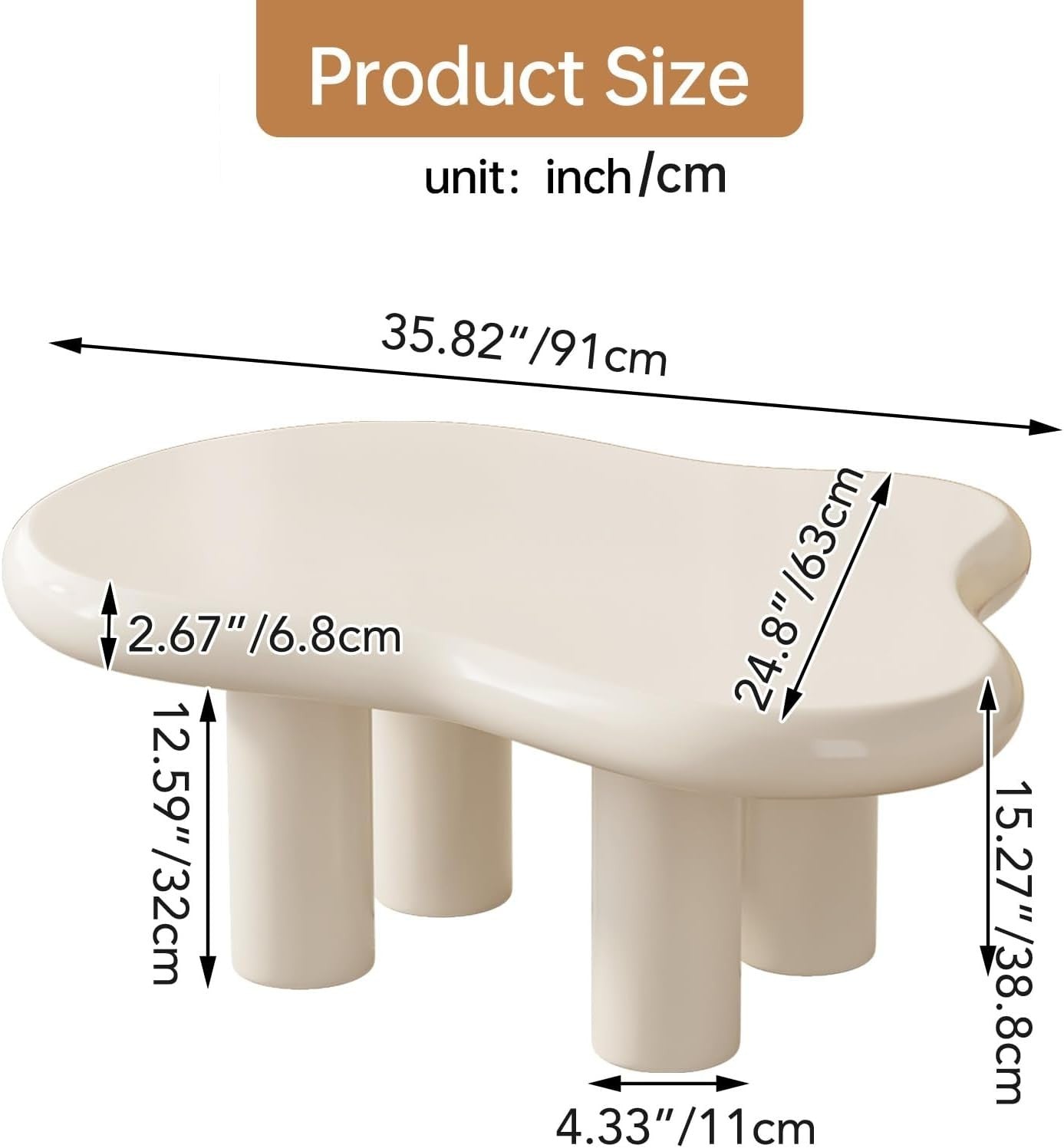 Modern Cloud-Shaped Coffee Table Thick Top Rounded Corners 63x91x39cm White
