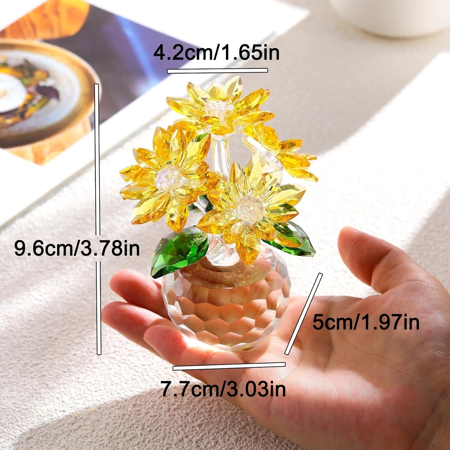 Yellow Crystal Daisy Bouquet Ornament 10cm Glass Flower Collectible Gift Decor