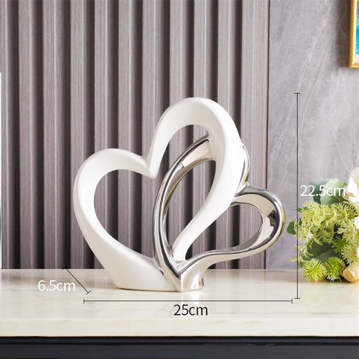 White Silver Double Heart Ceramic Ornament Modern Romantic Home Decor Sculpture