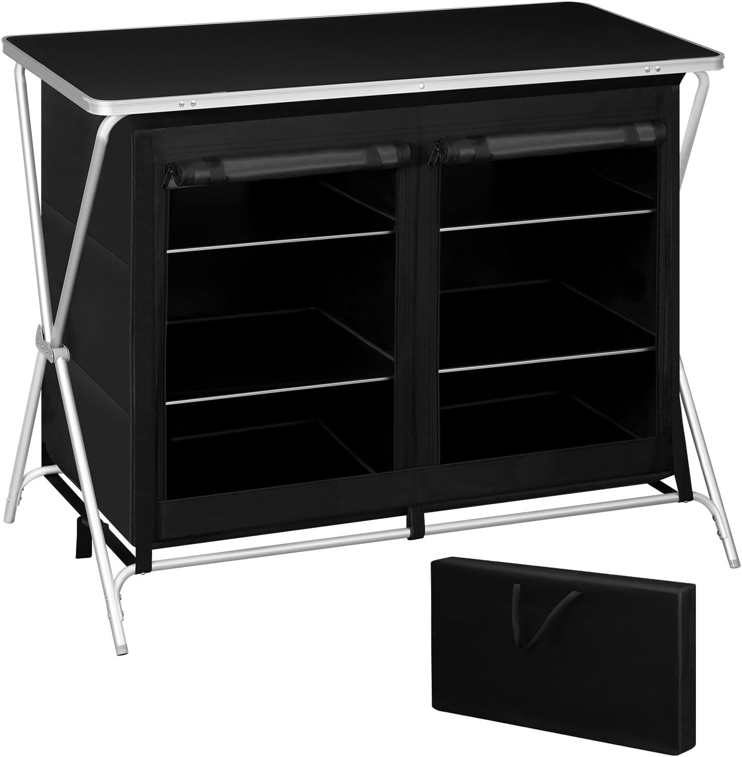 Camping Kitchen Table Foldable with Storage Cupboards & Carry Bag