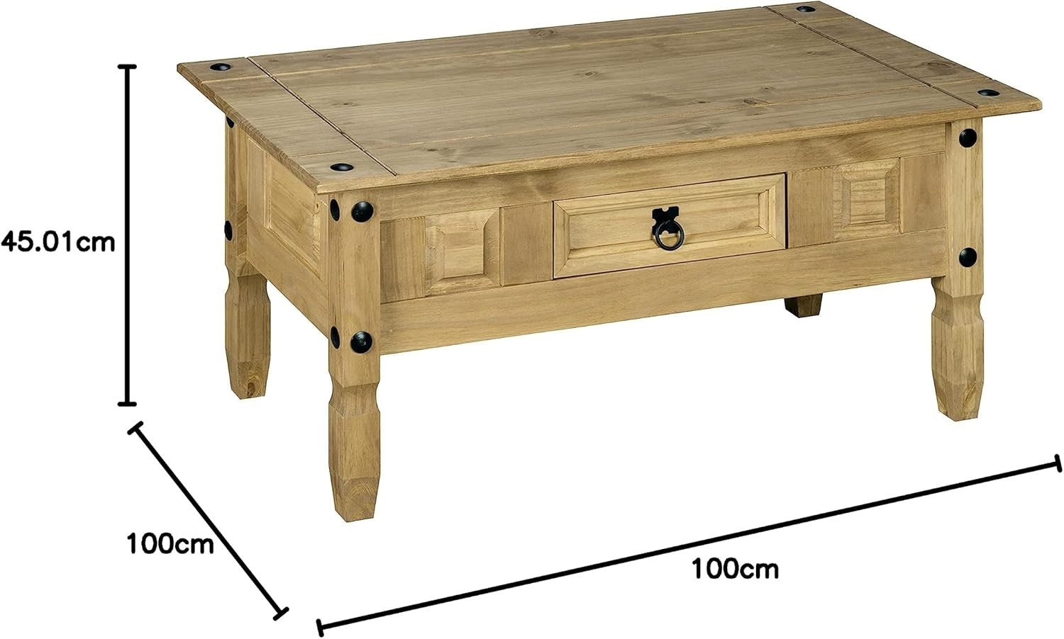 Rustic Pine Coffee Table with Drawer, Solid Wood, 95x50x44cm, Mexican Style