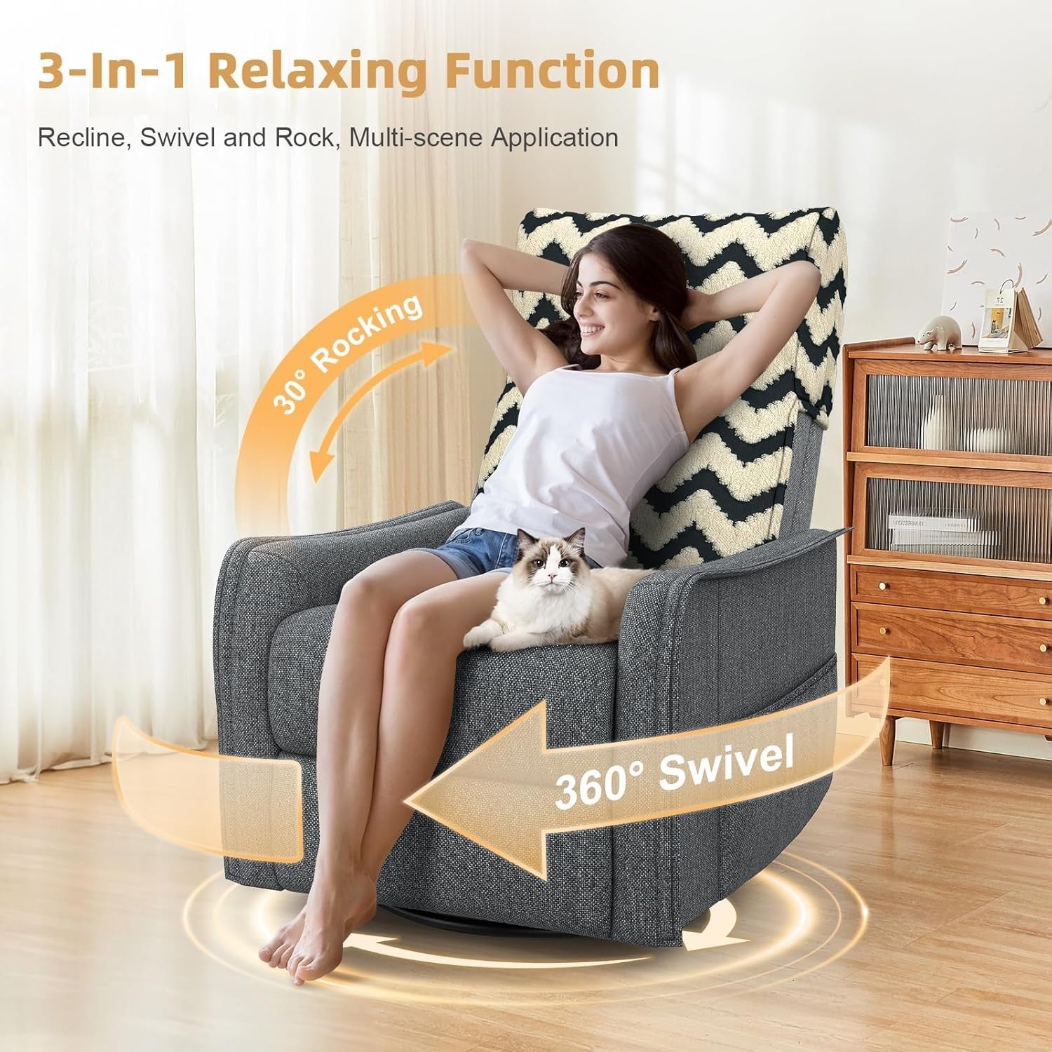 Swivel Rocking Recliner Chair Massage Heat Footrest 3-in-1 + Cover Grey