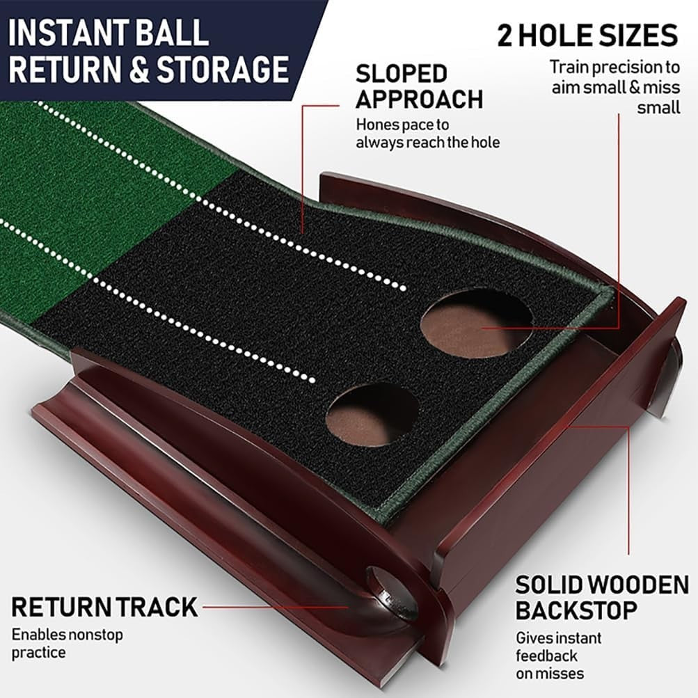 Indoor Golf Putting Green Mat w Ball Return Alignment Trainer Home Practice