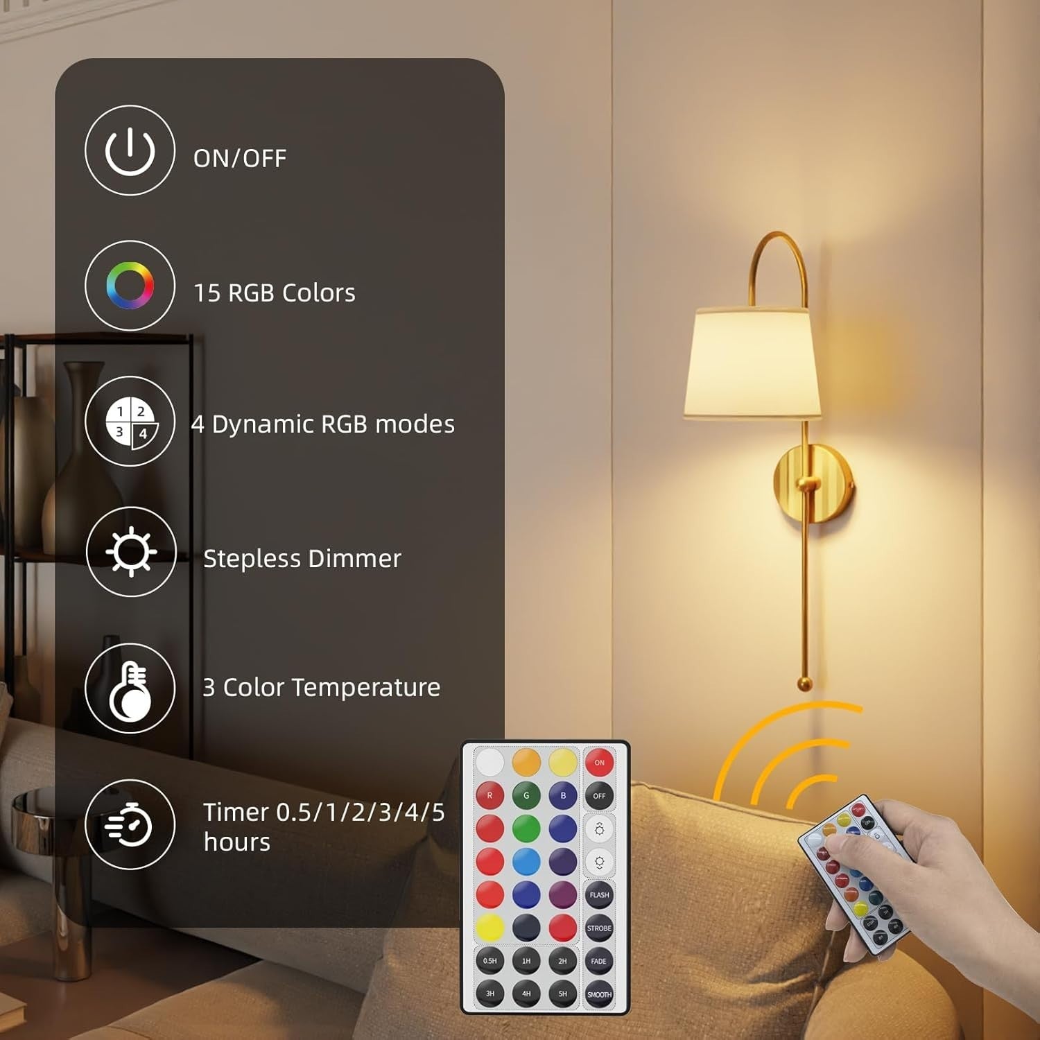 Wireless Wall Sconces Rechargeable LED Remote Gold Light 18 Colors Dimmable