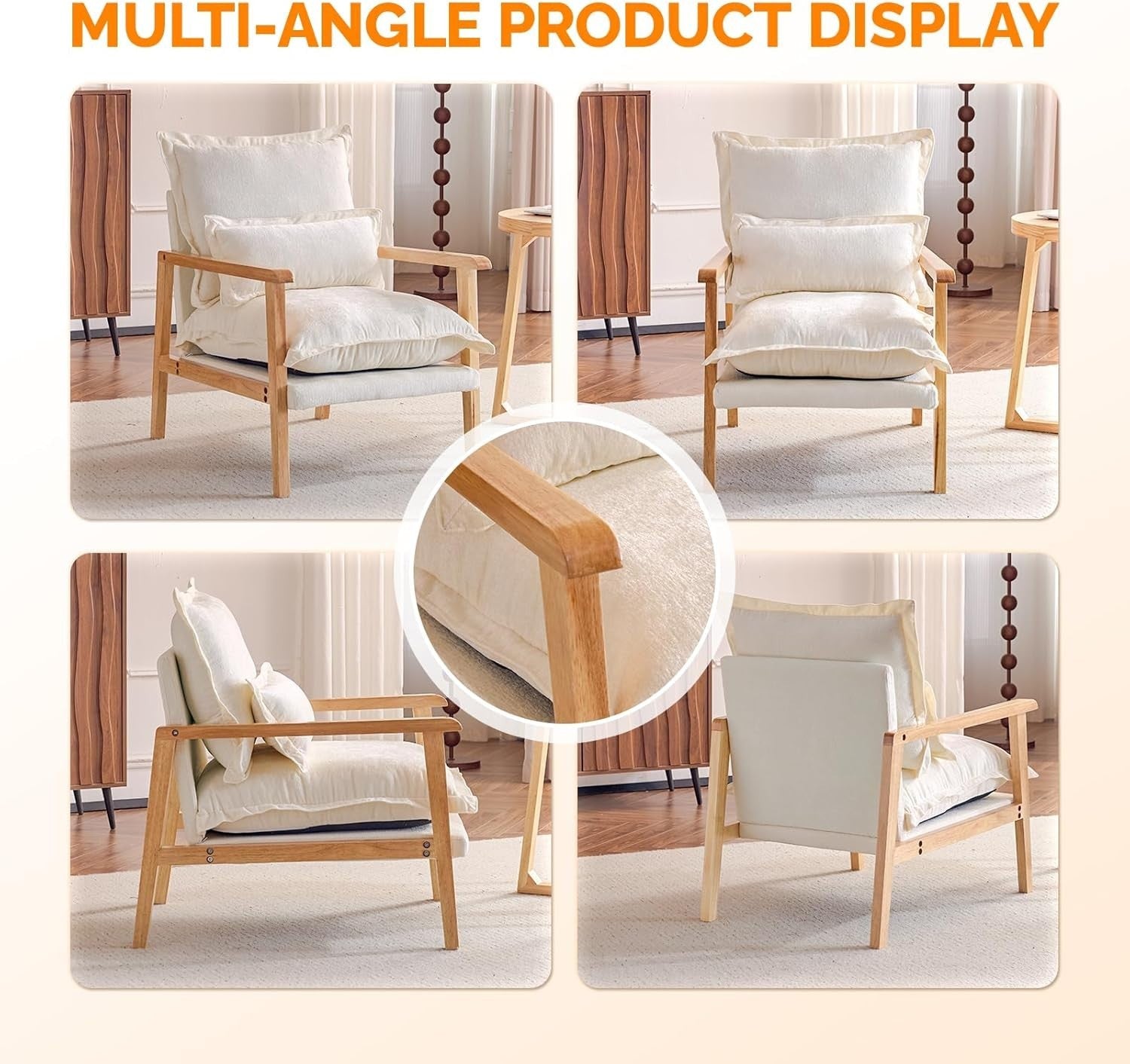 Cozy Mid-Century Modern Wooden Armchair with Lumbar Pillow & Thick Cushion