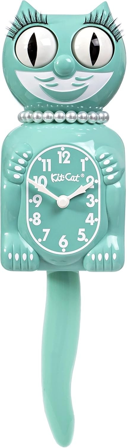 Ocean Green Cat Wall Clock Moving Eyes Tail Retro 40cm Vintage Decor Gift