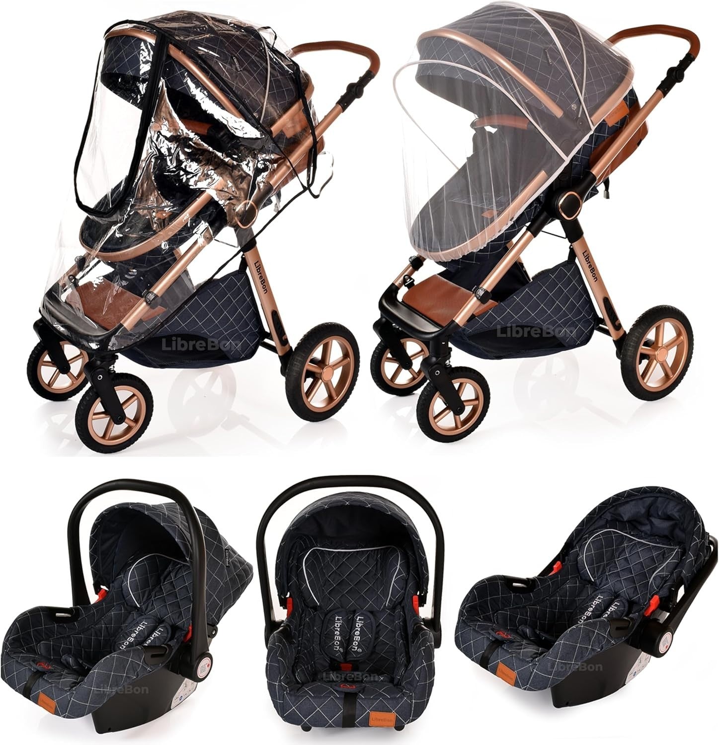 3-in-1 Baby Stroller Travel System Pram Pushchair Foldable Denim Blue