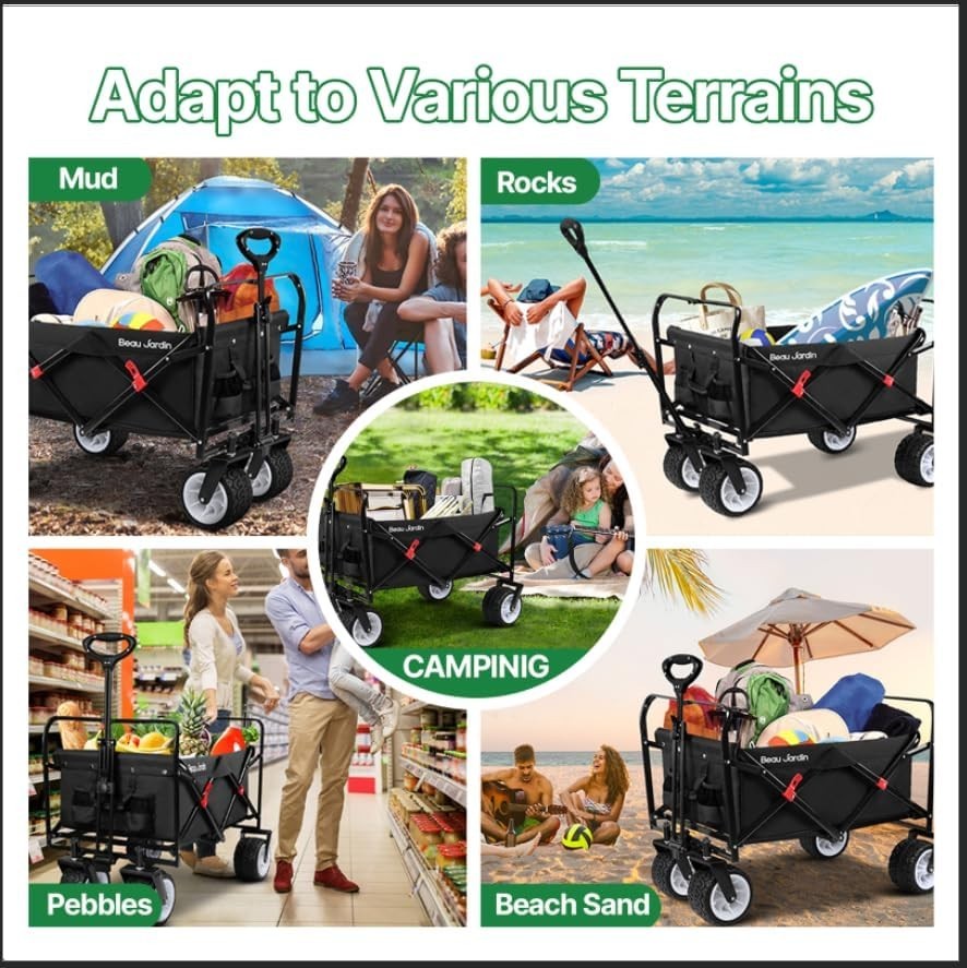 Heavy Duty 460lbs Folding Wagon 260L Collapsible Cart w/ All-Terrain Wheels