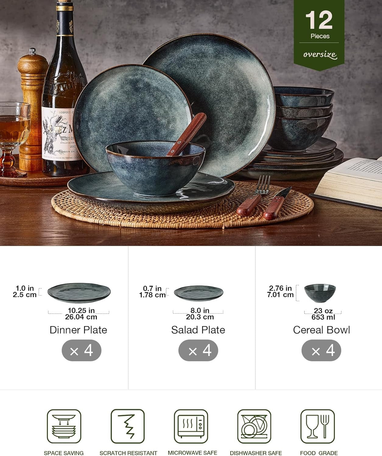 12pc Stoneware Dinnerware Set Plates Bowls Dark Green Service for 4