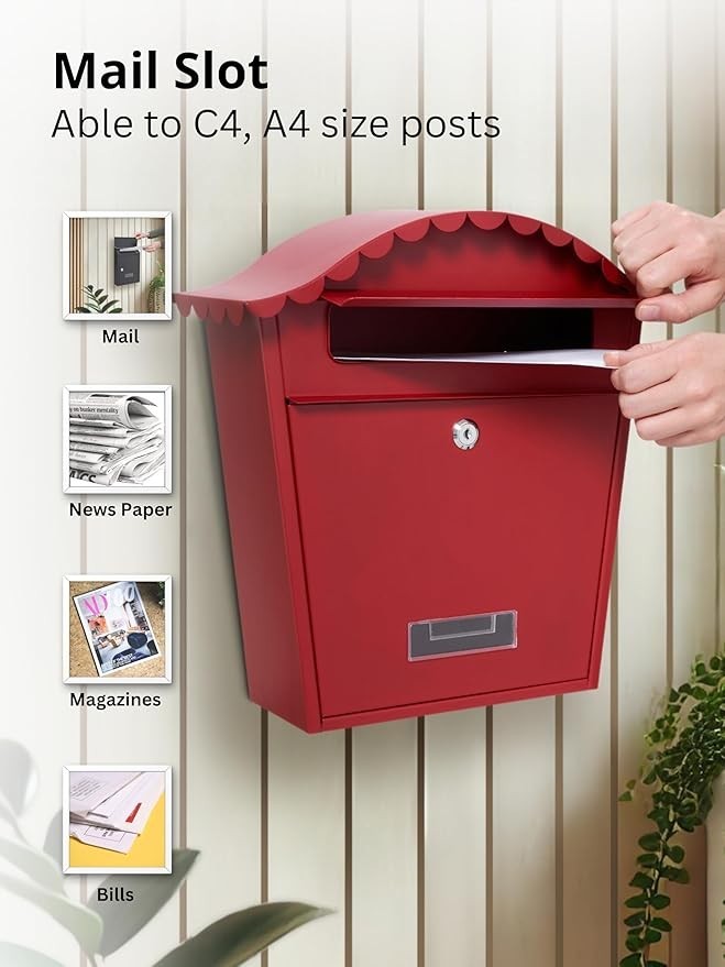 Lockable Wall Mailbox Weatherproof Steel Red 36x13x37cm