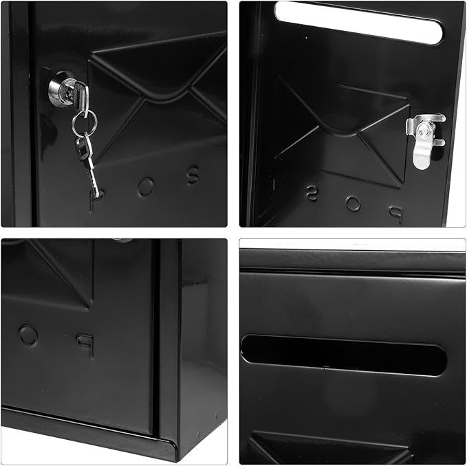 Lockable Wall Mount Mailbox Black Metal Weatherproof Post Box for Home Garden