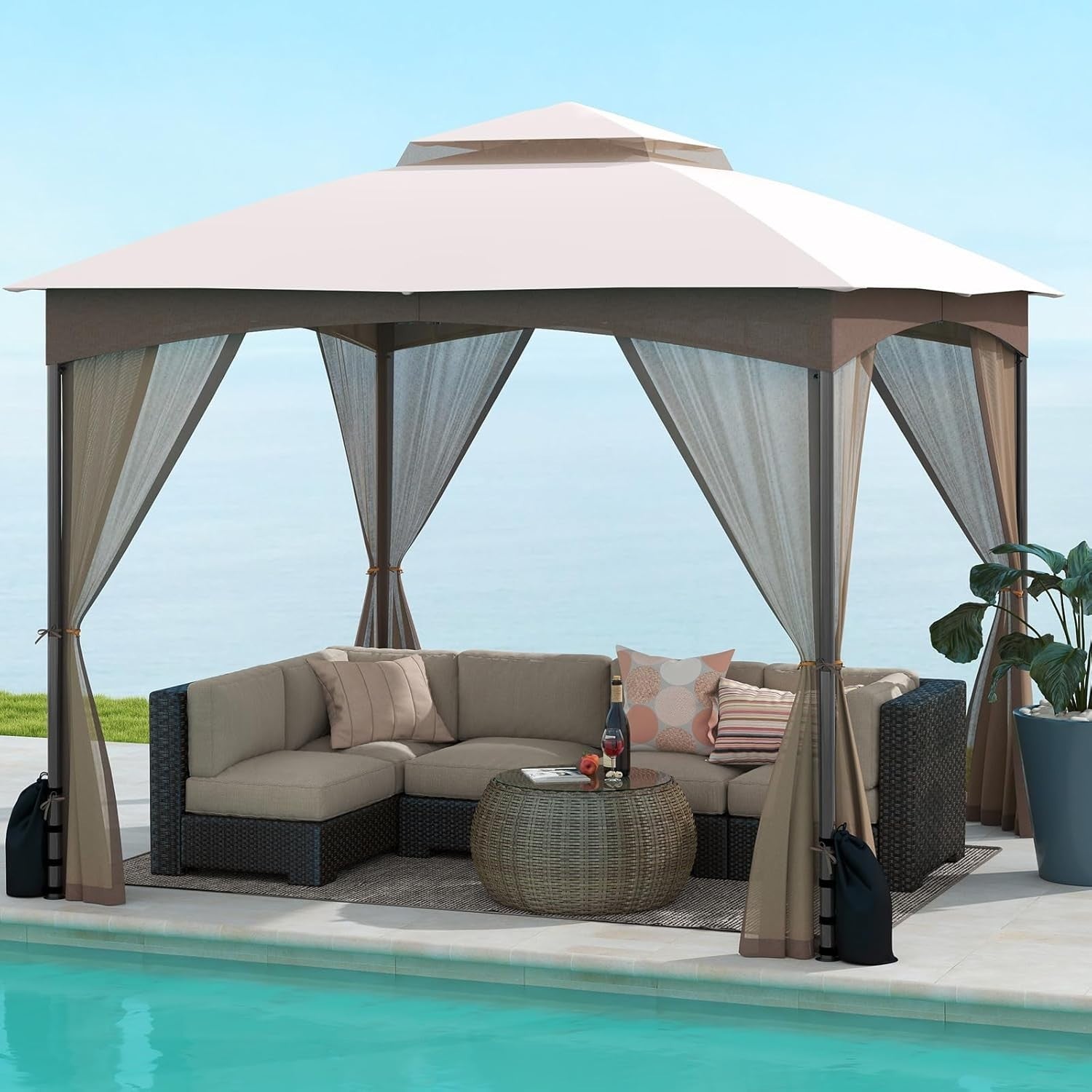 3x3M Garden Gazebo Double Roof Patio Tent With Netting & Sandbags Khaki