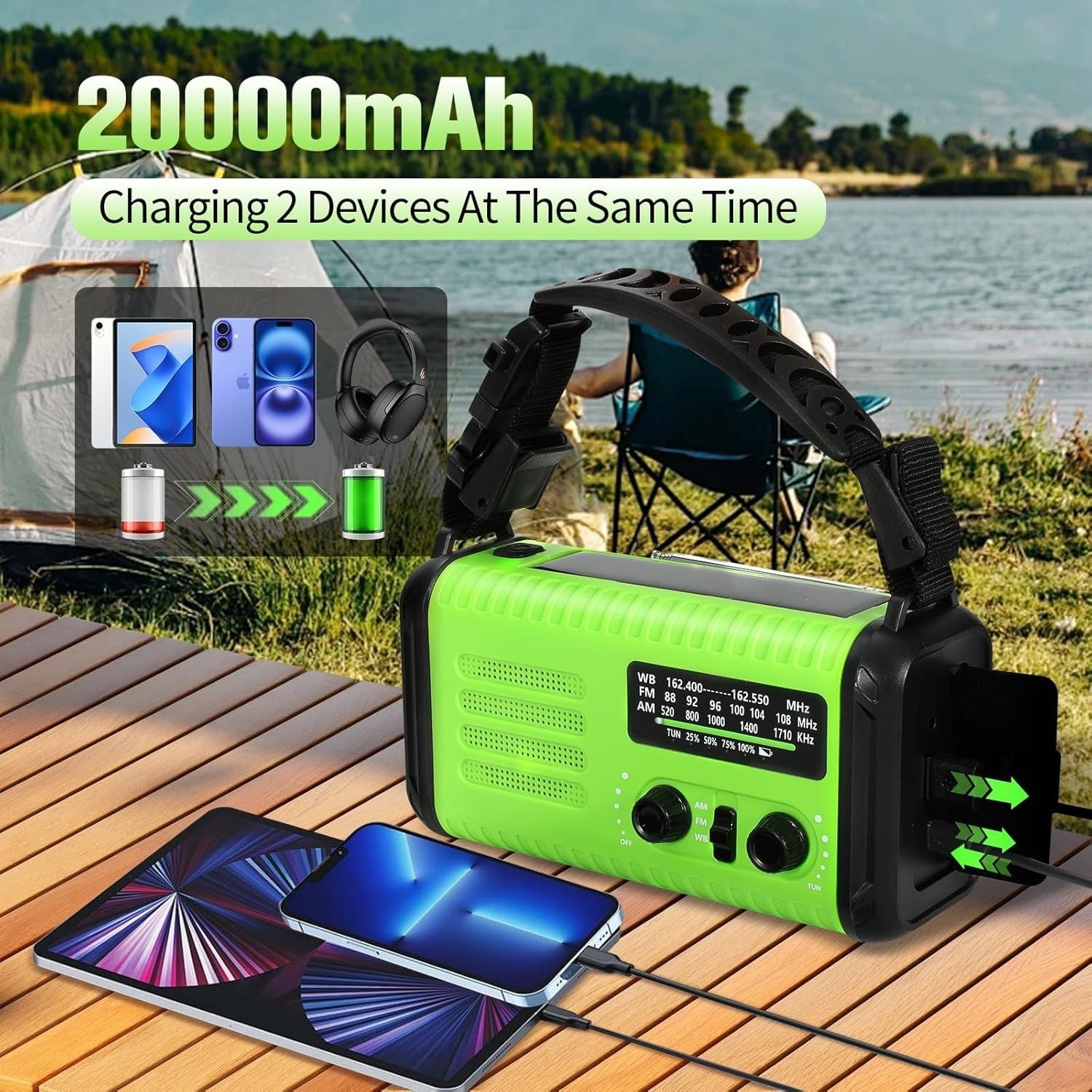 Wind Up Solar Emergency Radio 20000mAh AM/FM NOAA SOS LED Torch