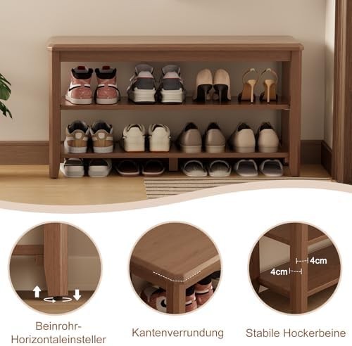 Large Wooden Shoe Bench with Adjustable Shelf | 2-Tier Walnut Entryway Seat