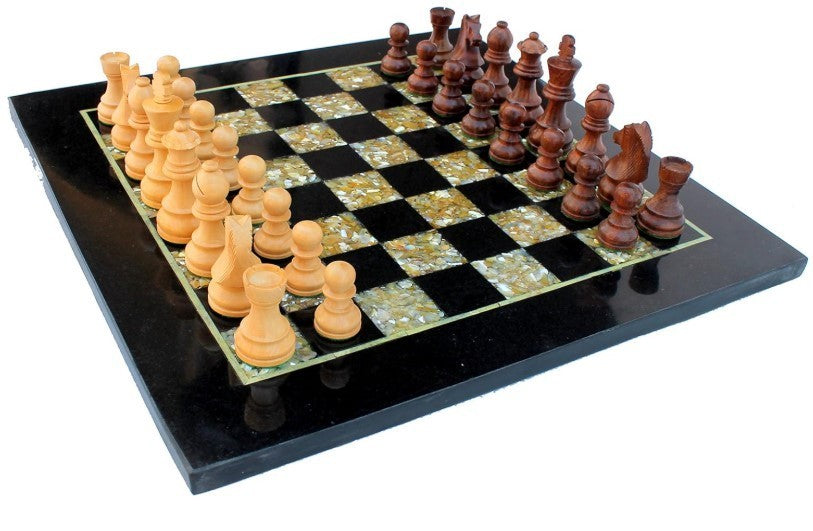 Luxury 15" Black Marble Chess Set – Inlaid Board + Mother of Pearl & Wood Pieces