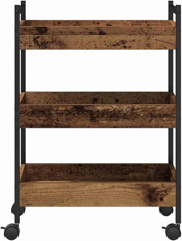 3 Tier Kitchen Trolley Rolling Storage Cart Industrial Wooden Shelves Wheels