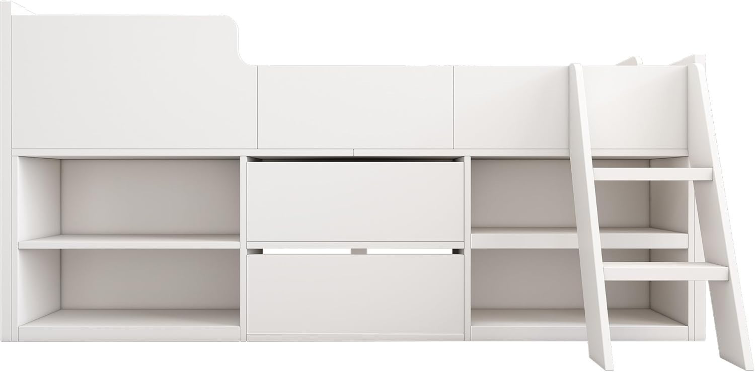 Kids White Mid Sleeper Cabin Bed 3FT w/ Drawers Shelves & Ladder Frame