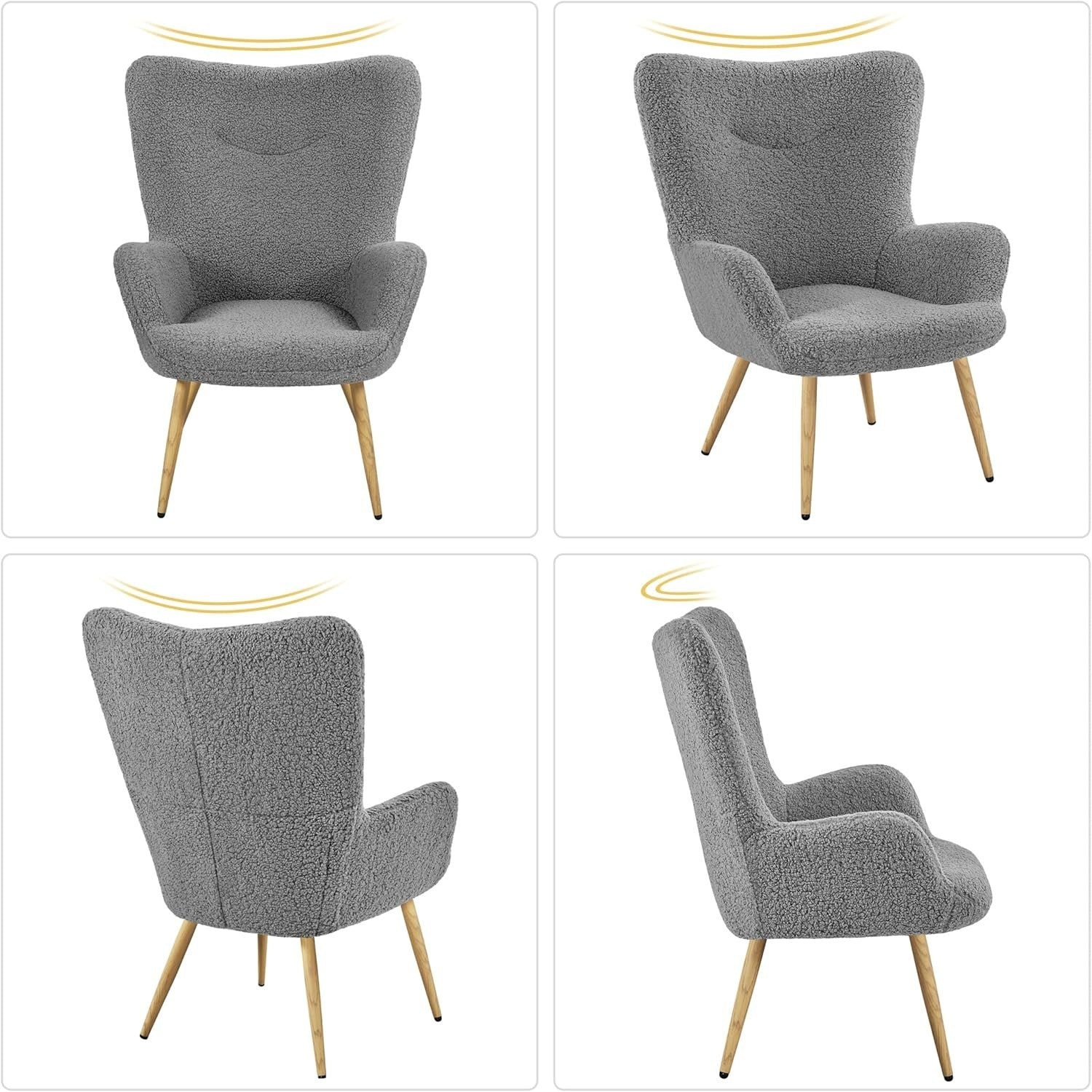 Cozy Sherpa Fuzzy Tub Chair with Folding Backrest & Wooden Legs, Grey