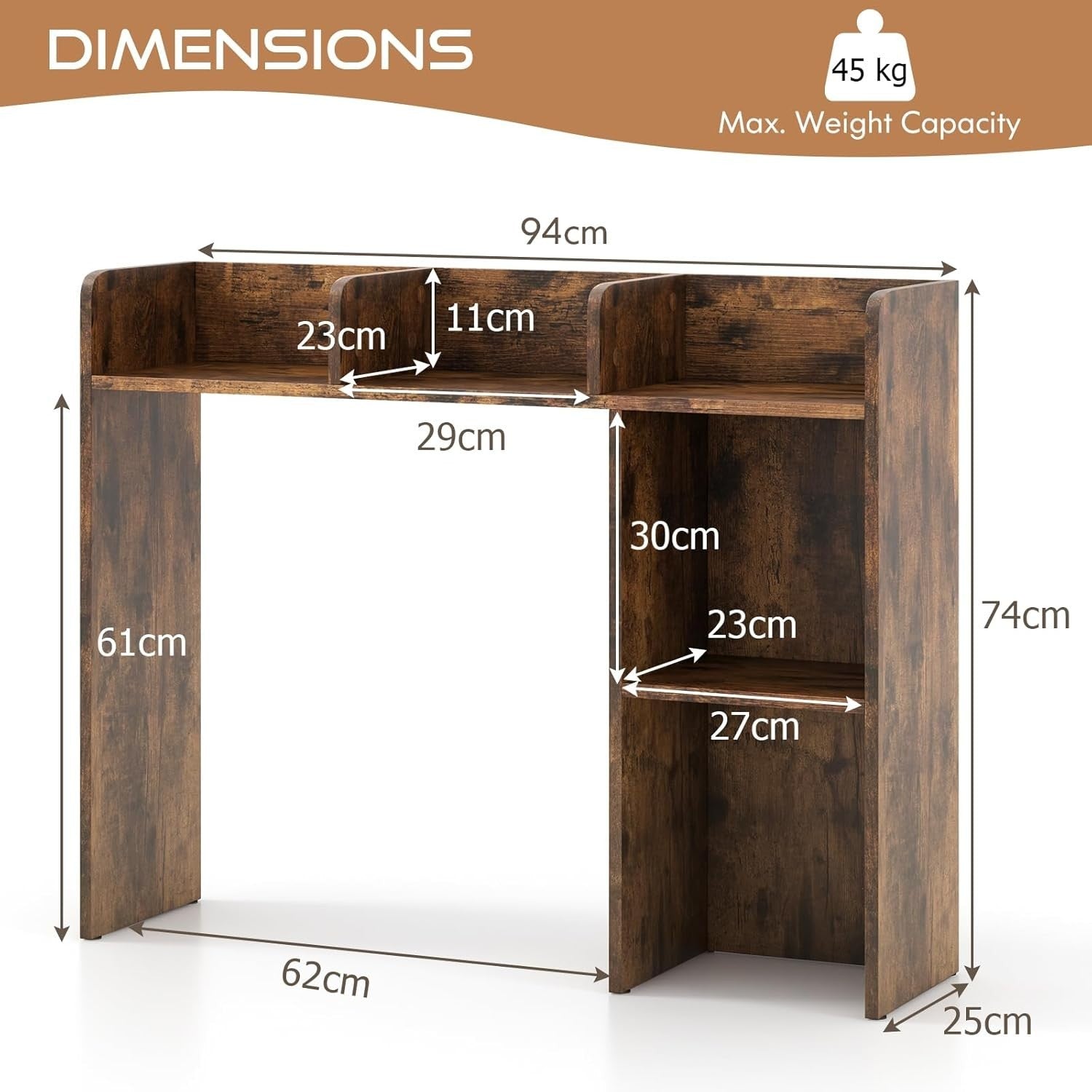 Brown Desktop Bookshelf 3-Shelf Storage Hutch Organizer Rack 94cm