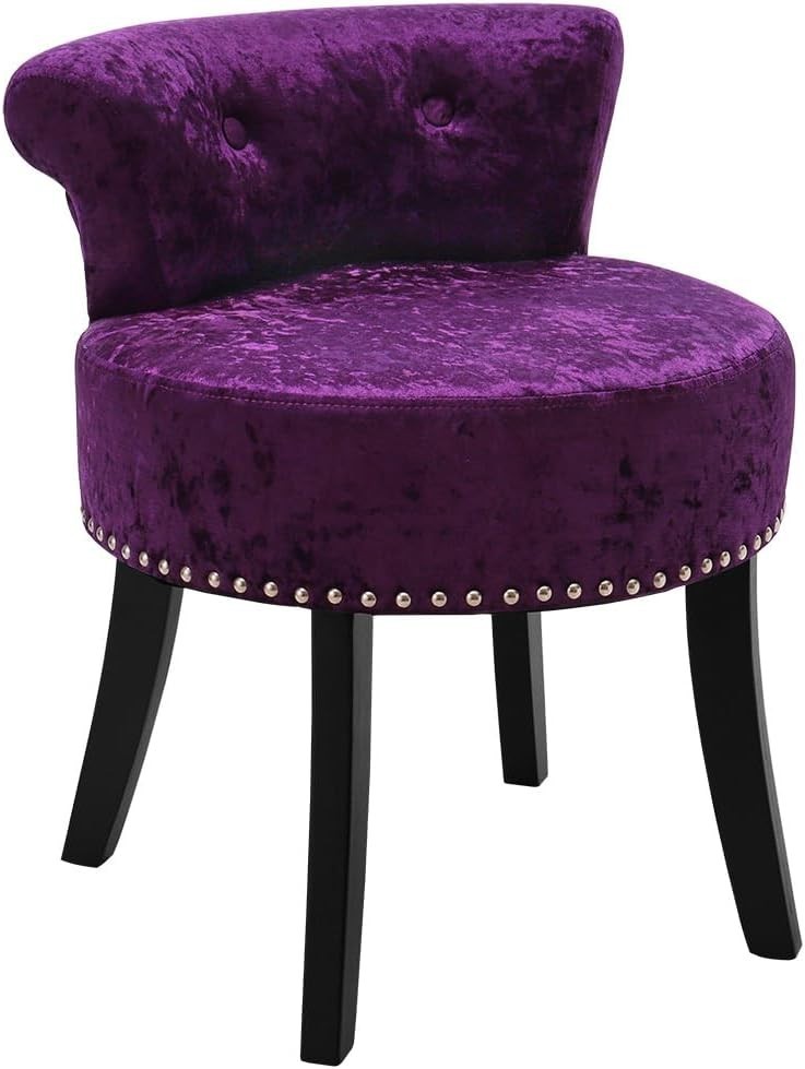 Dark Purple Ice Velvet Dressing Table Stool Low Back Wood Legs Footstool