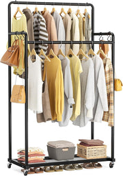 Double Clothes Rail 80KG Heavy Duty Rack With Shelf Black