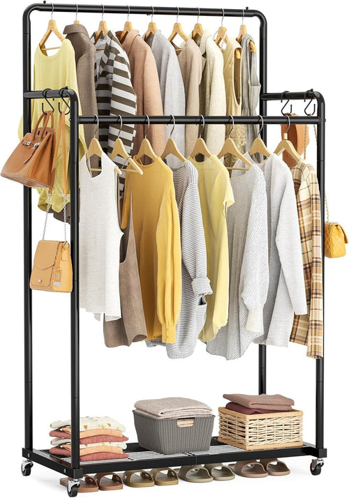 Double Clothes Rail 80KG Heavy Duty Rack With Shelf Black