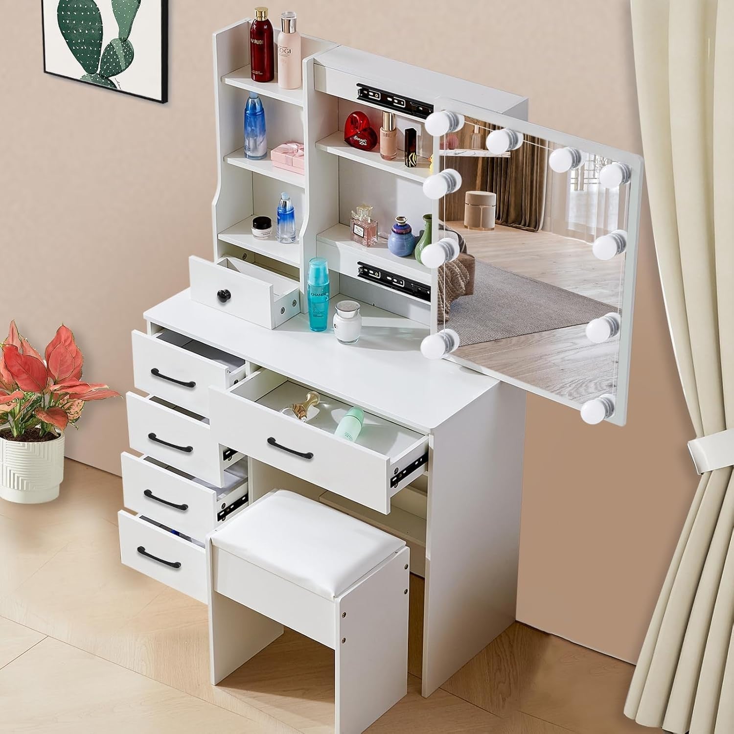 White Modern Vanity Makeup Desk Set LED Mirror Dressing Table 6 Drawers Storage