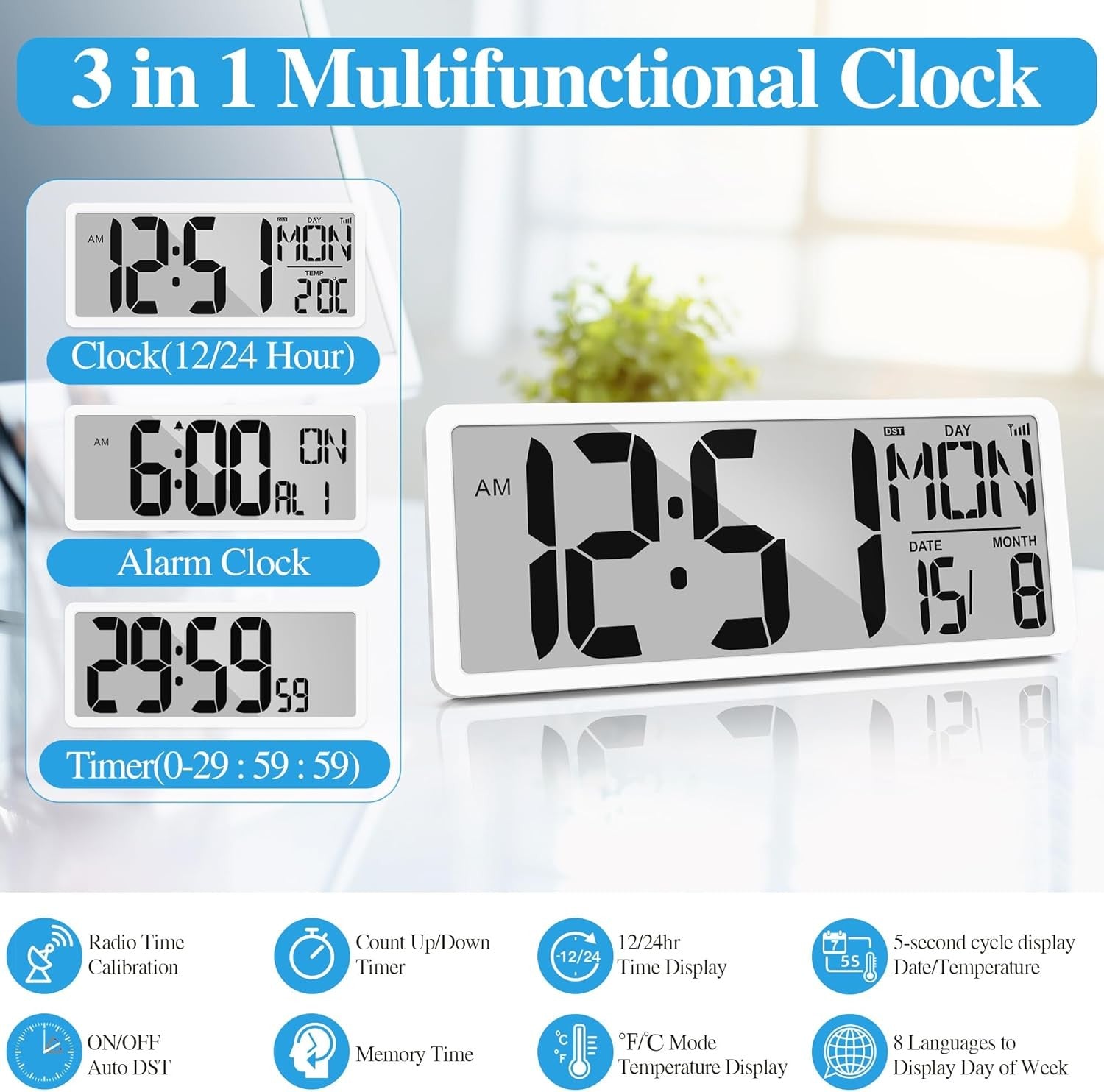 Atomic Digital Wall Clock 15'' Large Display Alarm Date Temperature Battery