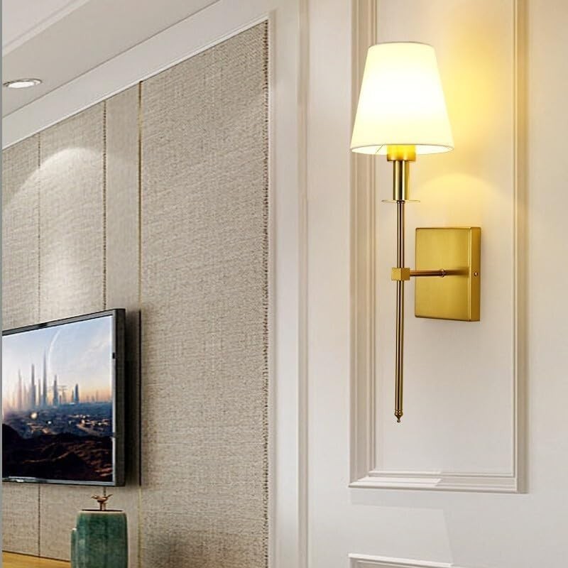Battery Operated Wall Sconces Set of 2, Brushed Brass, Fabric Shade