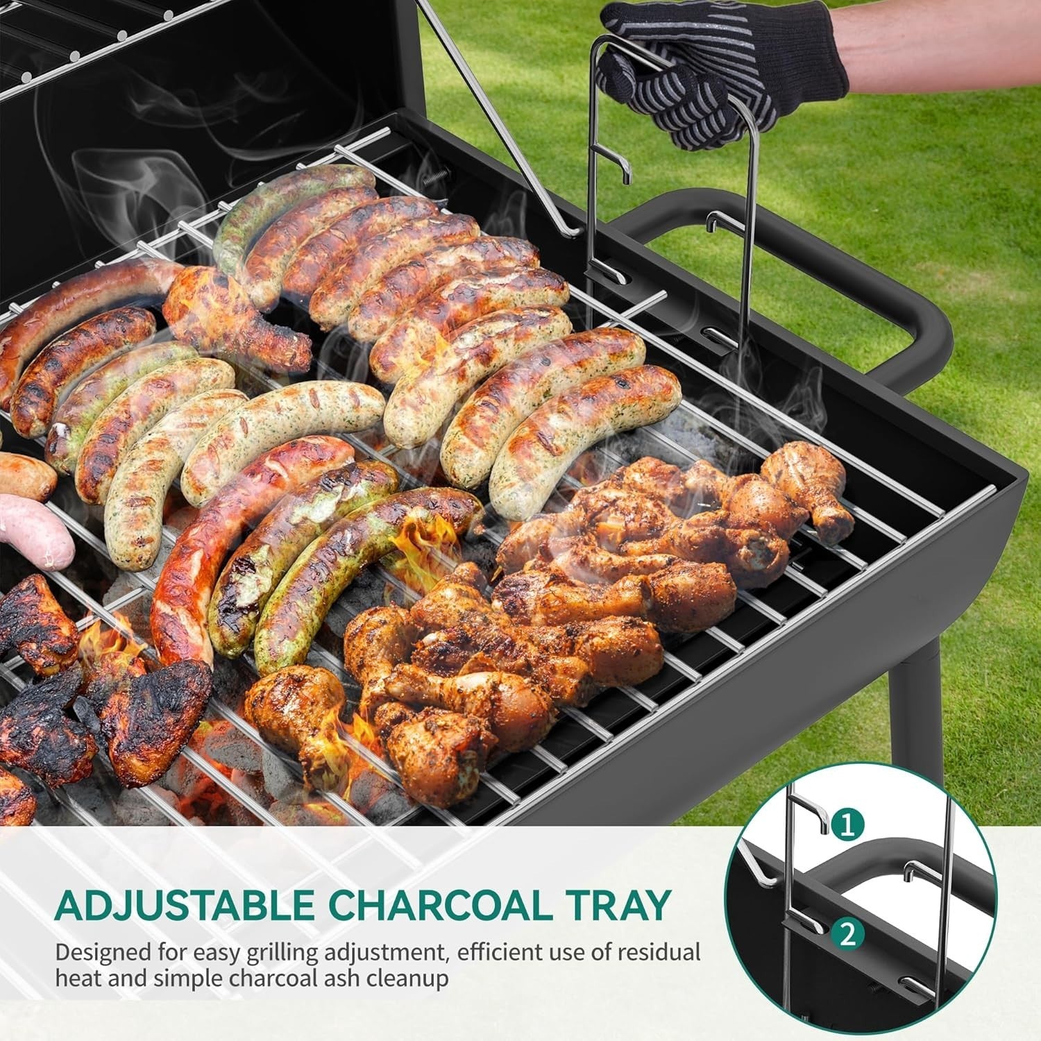 Portable Charcoal BBQ Smoker Grill | Adjustable Height, Thermometer