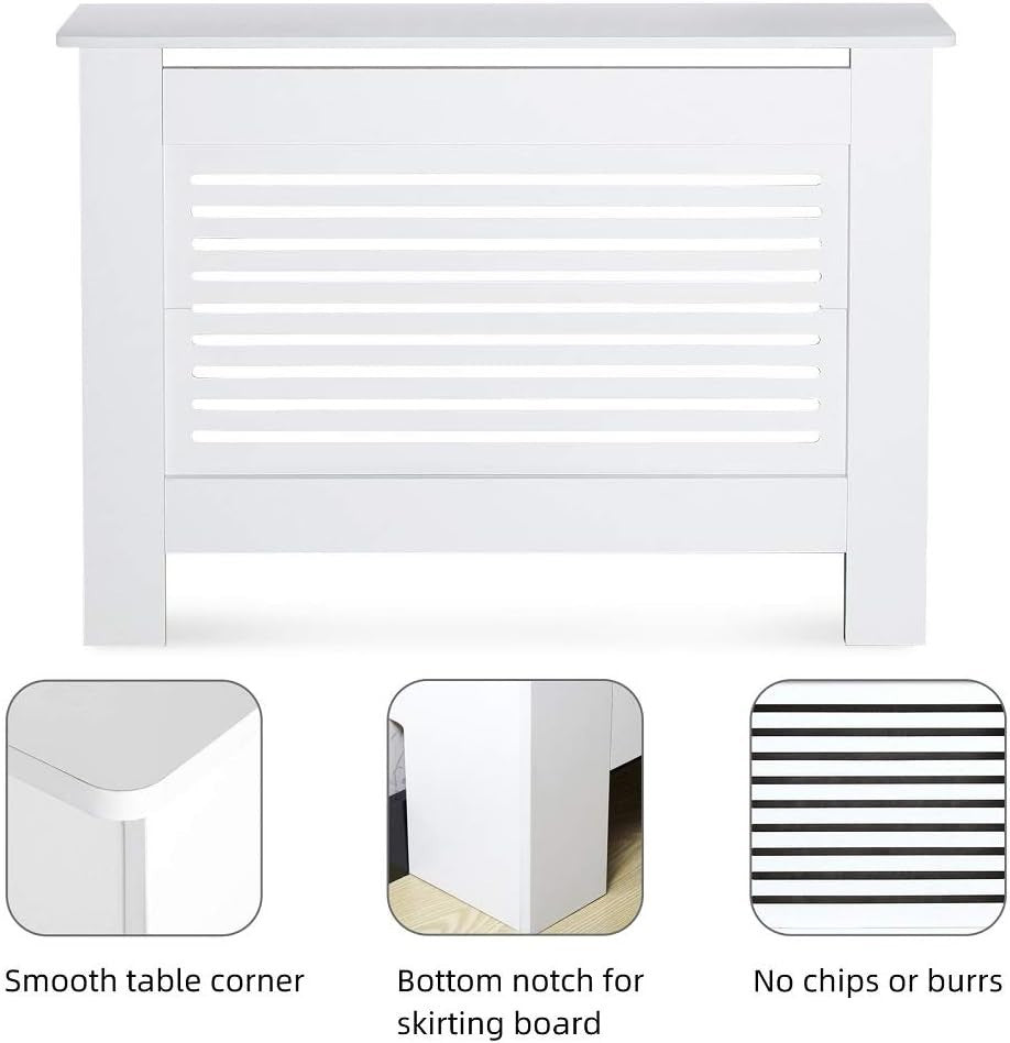Modern White Radiator Cover MDF Cabinet 109cm Horizontal Slat Decorative Unit