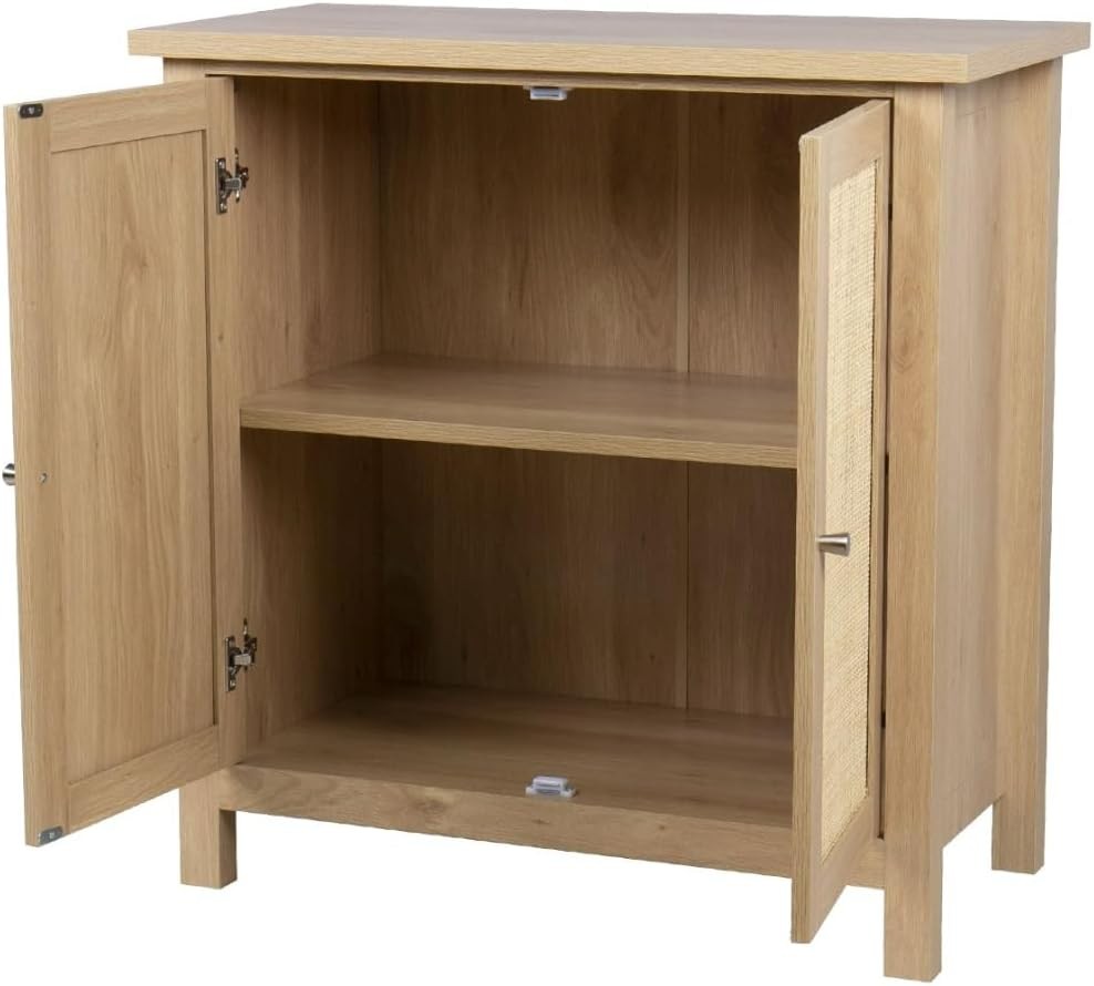 Oak Effect Small Cupboard with Rattan Doors 2 Tier Boho Storage Unit