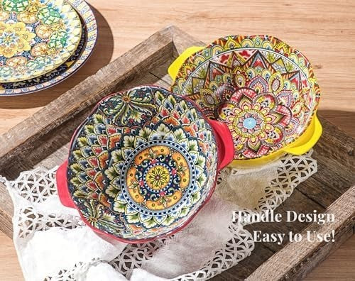 Henten Home Bohemian Salad Bowl Set of 2 – 49 oz Large Ceramic with Handles