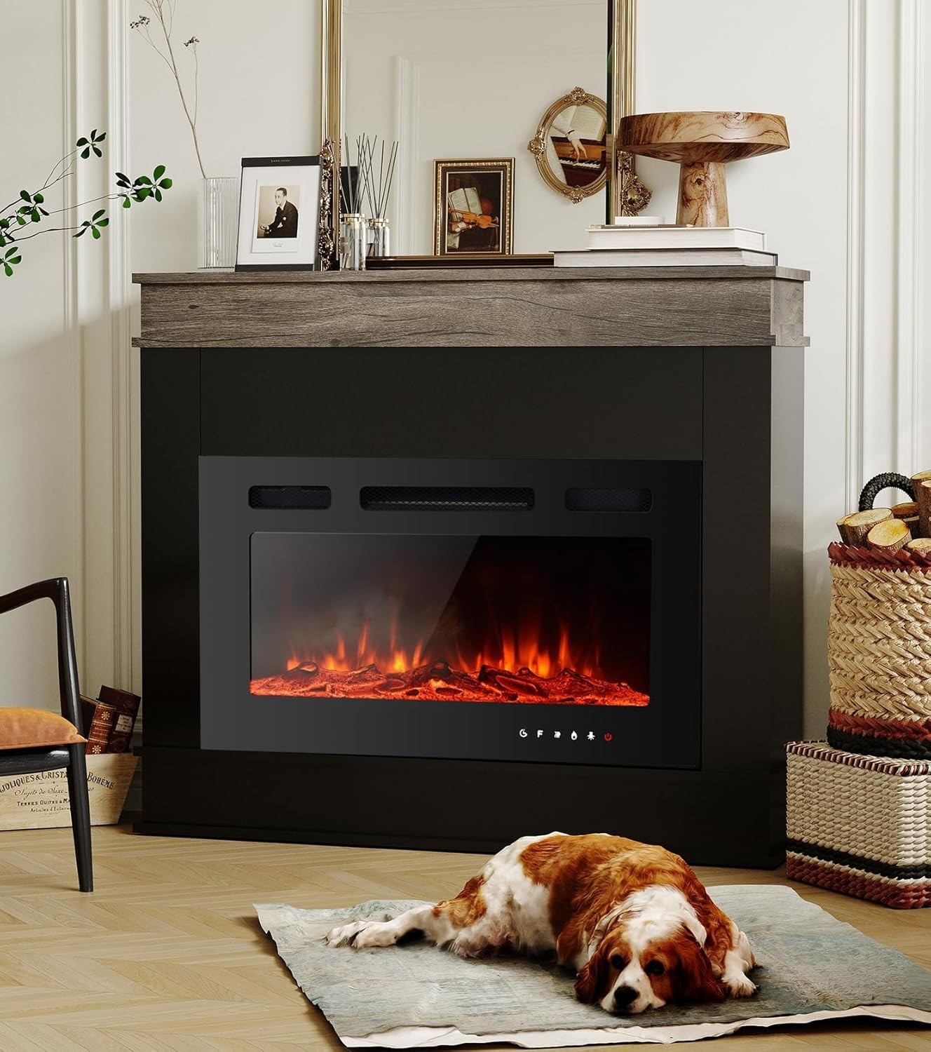 30” Electric Fireplace Heater 12 LED Flame Remote Modern Black Freestanding