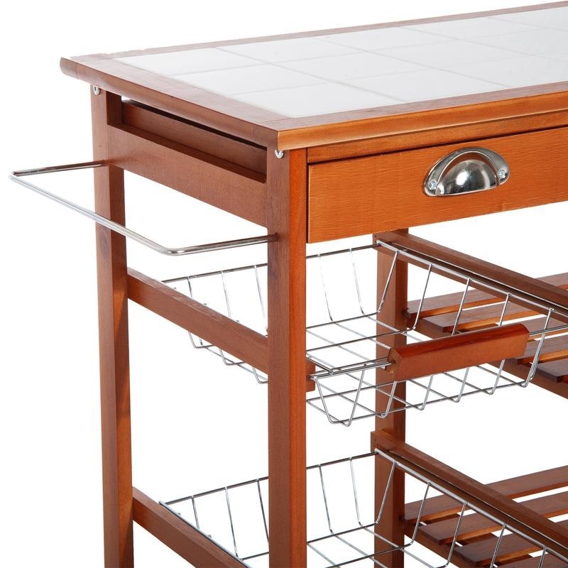 Wooden Kitchen Trolley with Wine Rack, Drawers & Tile Top – Honey Finish