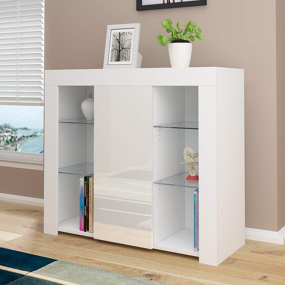 Modern LED Glass Shelf Sideboard Cabinet Storage Unit with RGB Light