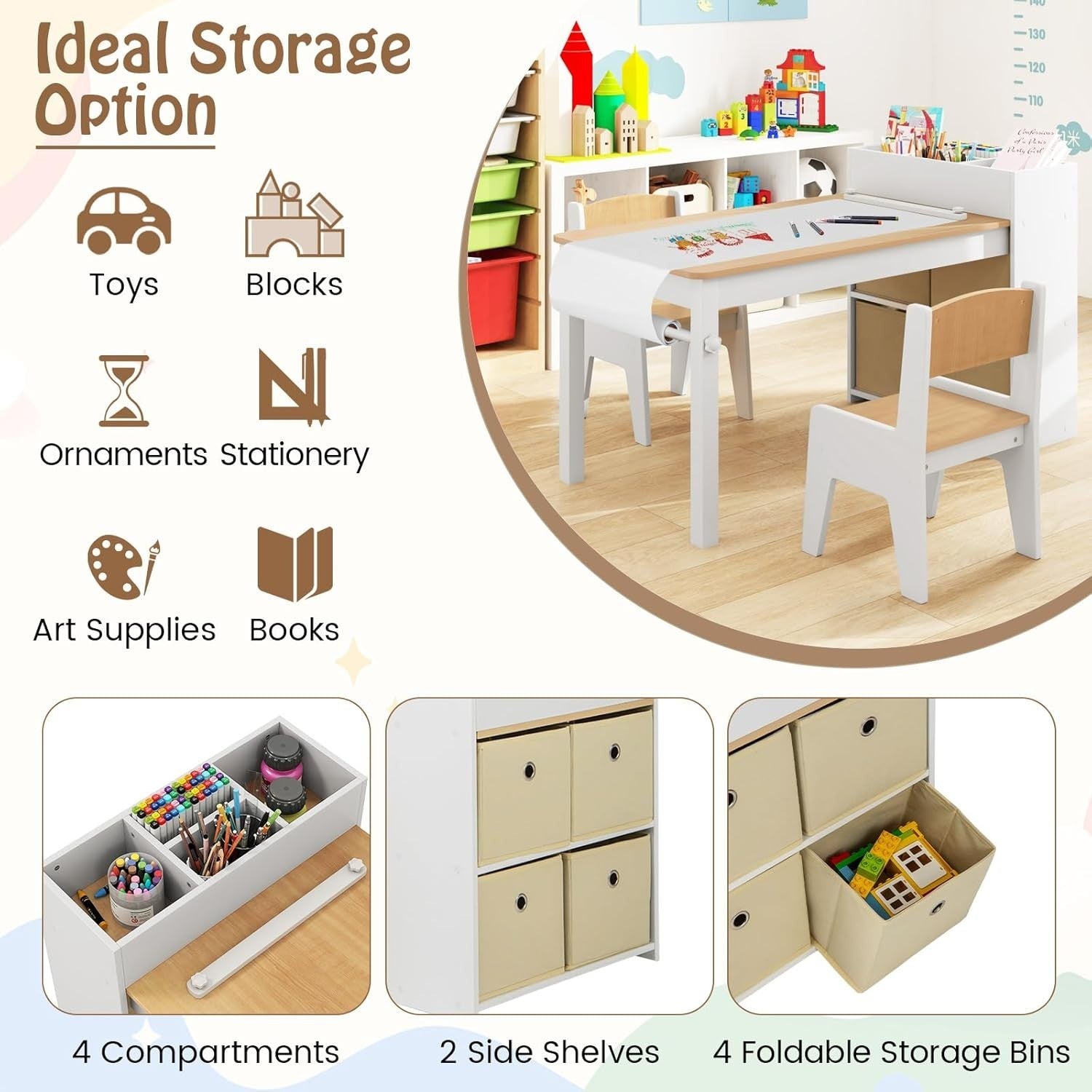 Kids Art Table & Chairs Set with Paper Roll + Storage – Drawing & Craft