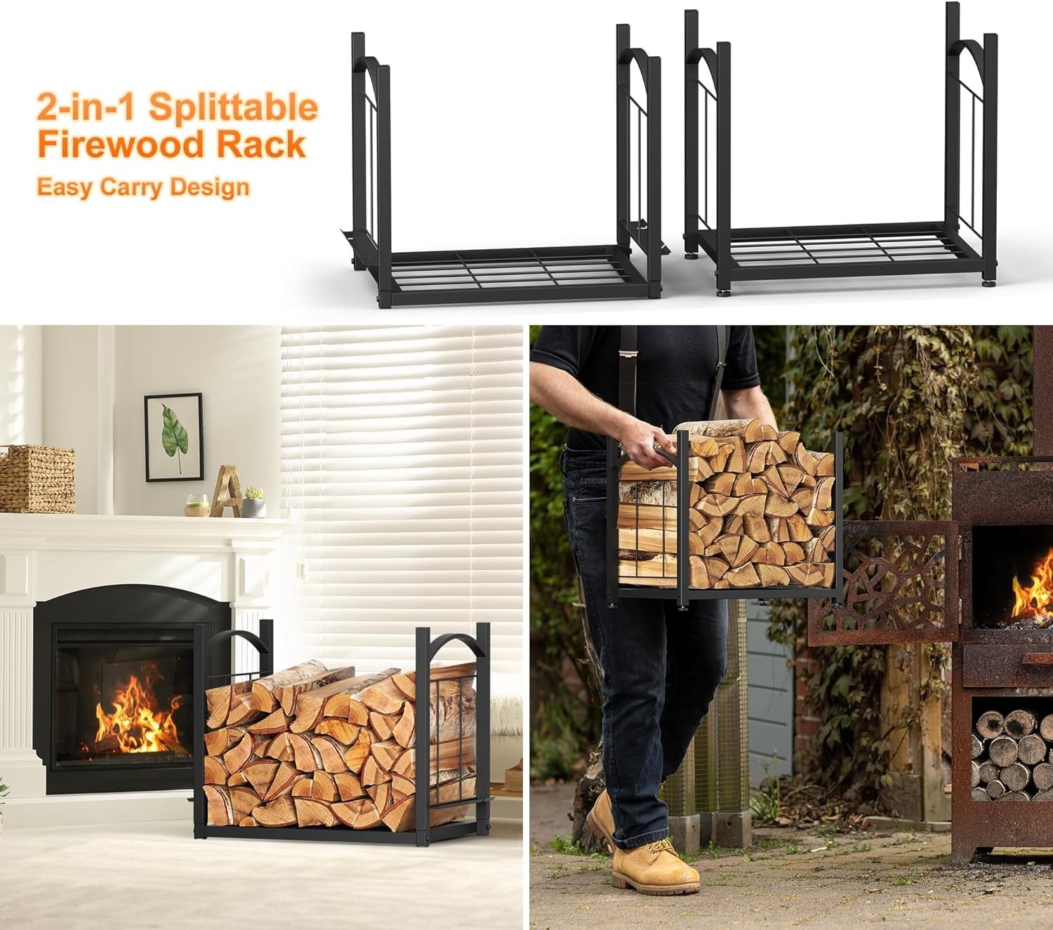 2 Tier Firewood Log Rack Indoor Outdoor Rustproof Metal Storage Shelf 78x46x32cm