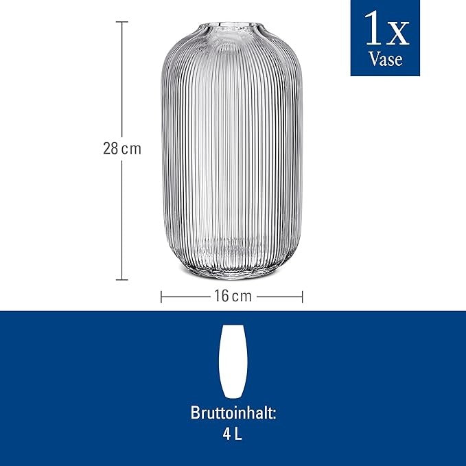 Clear Ribbed Glass Vase 28cm Tall Modern Flower Table Centerpiece Decor
